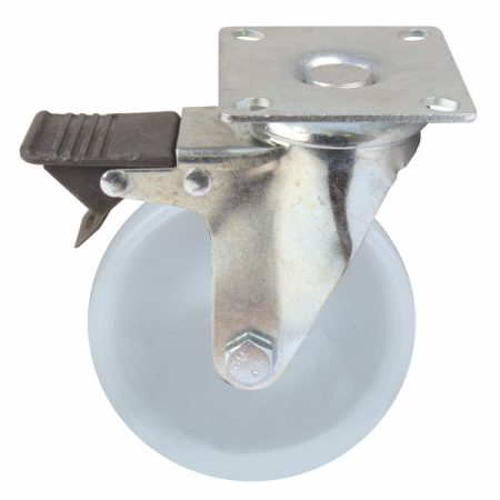 Industrial Castor with Plate & Brake, White Nylon Wheel